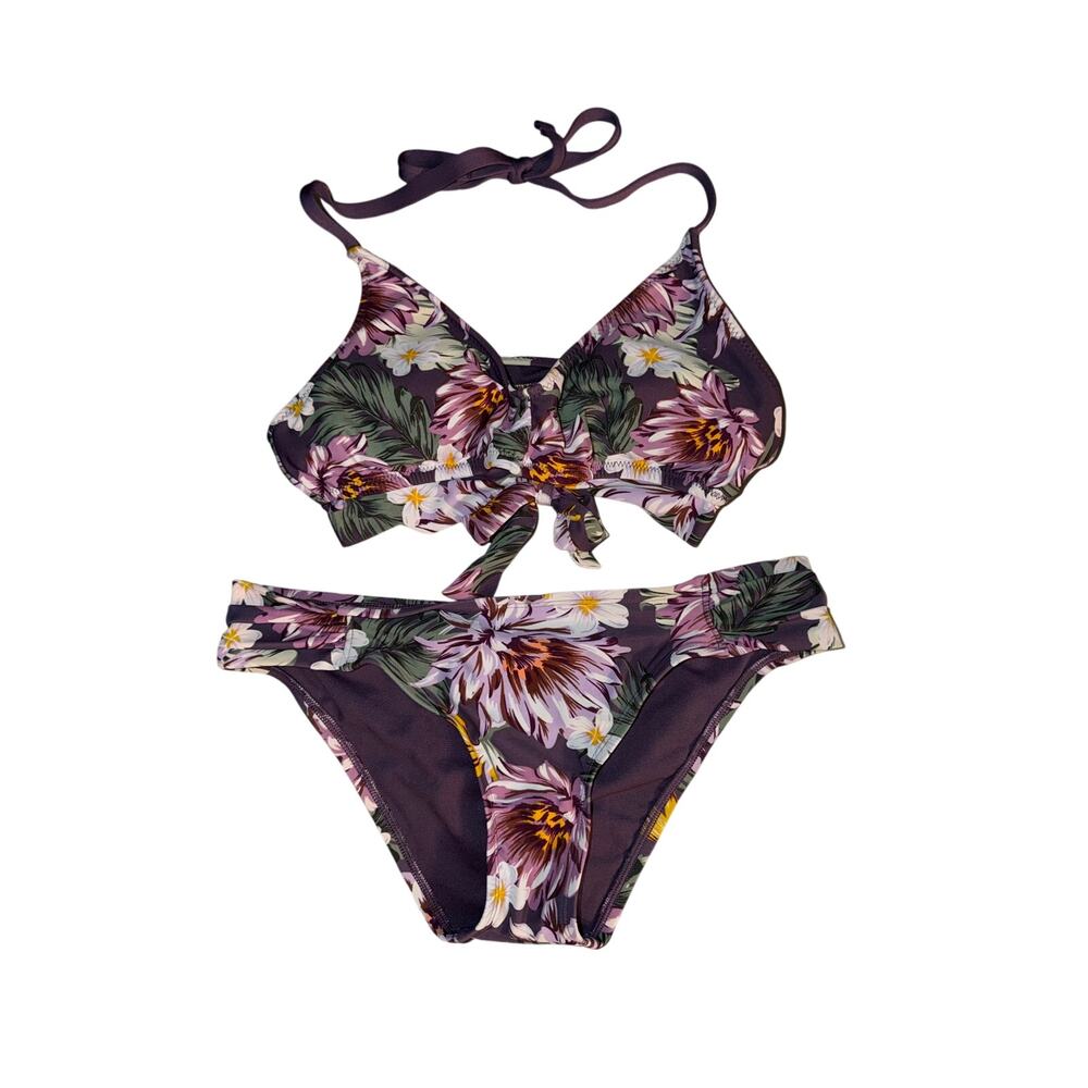 Kona Sol Purple Floral Tie Front Halter Bikini & Bottoms Size: Small Two Piece